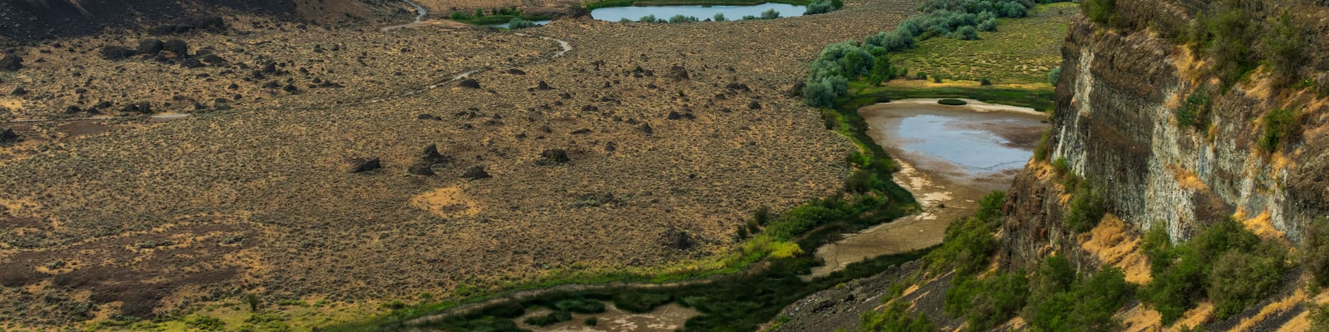 A vast canyon with a river winding through it, surrounded by sparse vegetation and rocky terrain.