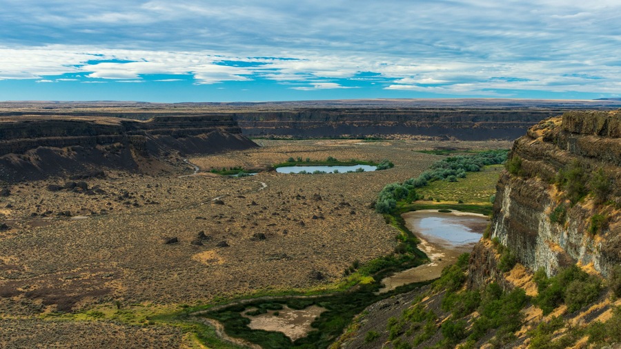 A vast canyon with a river winding through it, surrounded by sparse vegetation and rocky terrain.