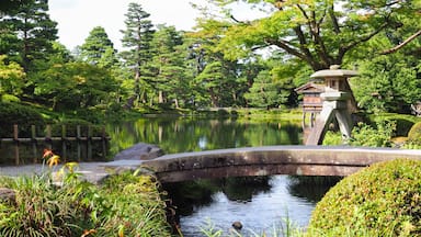 Un jardín japonés tranquilo con un estanque, un farol de piedra y construcciones de madera tradicionales.