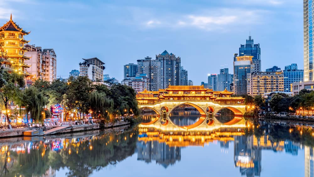 Night Scenery of Anshun Bridge and Urban Skyline in Chengdu, Sichuan, China