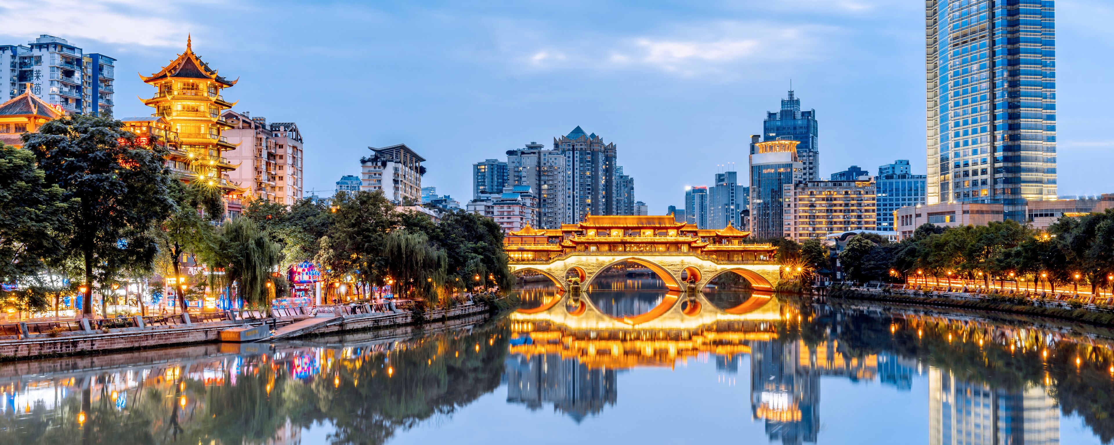 Night Scenery of Anshun Bridge and Urban Skyline in Chengdu, Sichuan, China