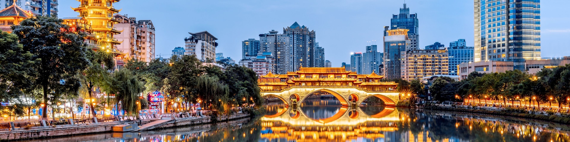 Night Scenery of Anshun Bridge and Urban Skyline in Chengdu, Sichuan, China