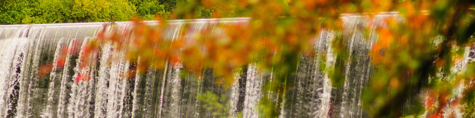A waterfall cascading over a rocky ledge, surrounded by lush greenery and trees.