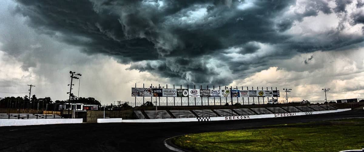 Crazy weather before NASCAR racing at Seekonk Speedway on a Summer Saturday night