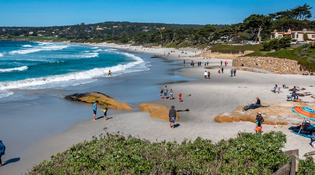 Families and dog walkers enjoy the sandy shores of Carmel Beach, along the Monterey Bay of the central California coast.