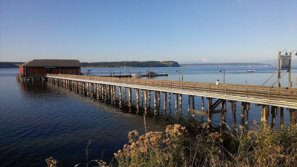 A pier extending into calm water with a red building at the end, surrounded by vegetation.