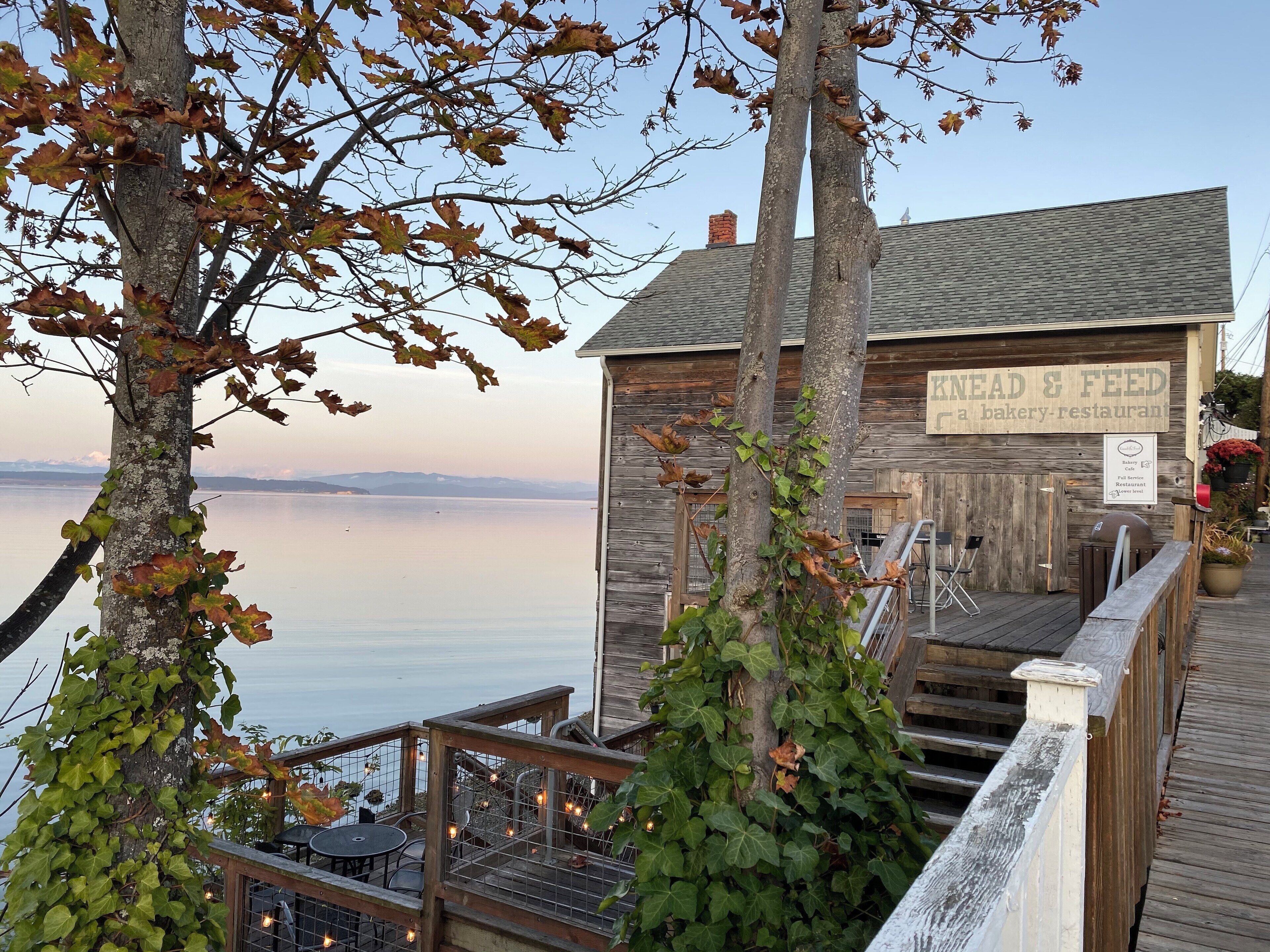A wooden building with a sign reading "KNEAD & FEED a bakery-restaurant" overlooking a calm body of water.