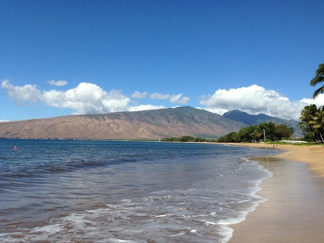 A beach with clear blue water, a sandy shore, and a mountain in the background.