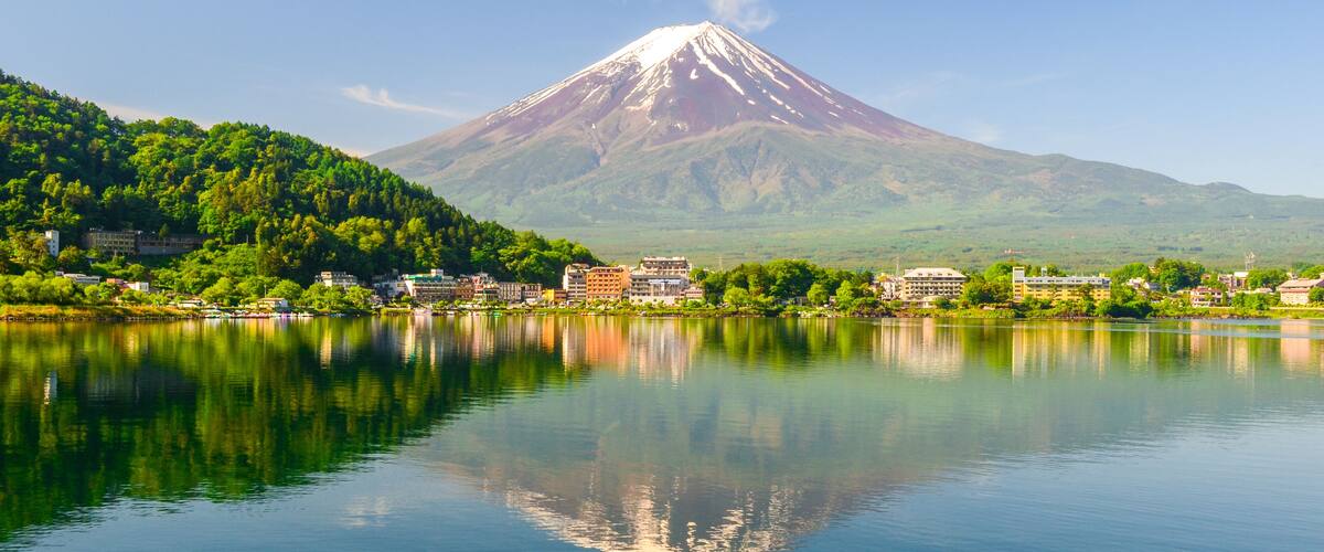 A lake with a mountain in the background.