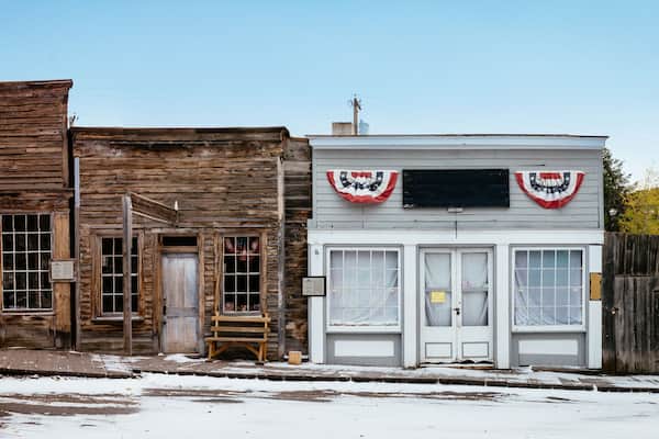 Ghost Town Virginia City Historic District designated in 1961 after Charles and Sue Bovey restored old ruins, in Montana, USA