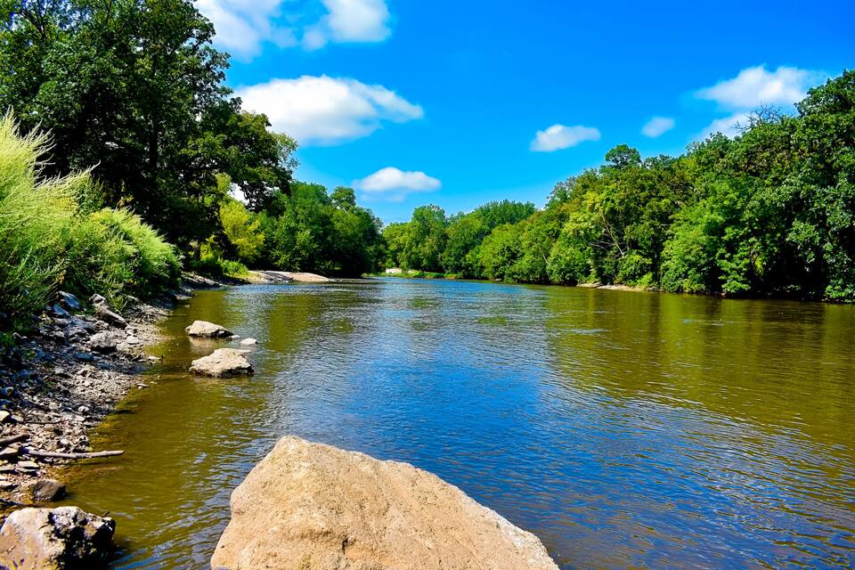 Ein Fluss mit klarem Wasser, umgeben von üppigen Grünpflanzen und Felsen.