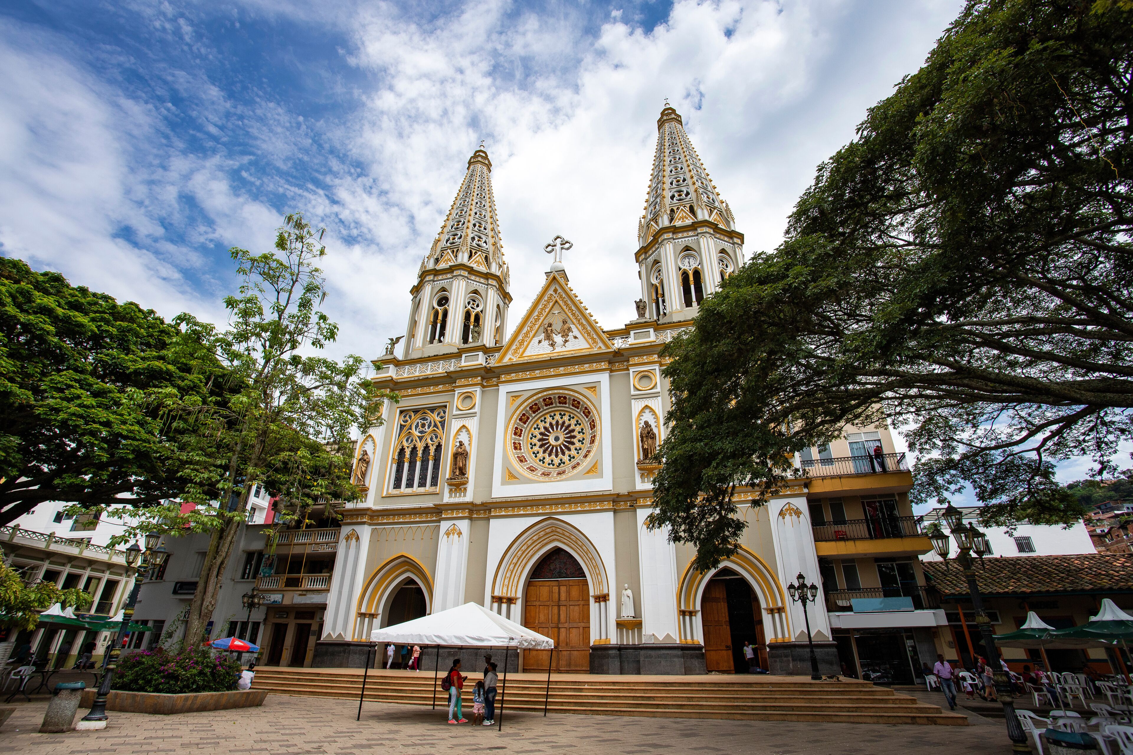 Andes, Antioquia - Colombia - August 09, 2023. Colombian church dedicated to Our Lady of Mercedes located in Simón Bolívar Park