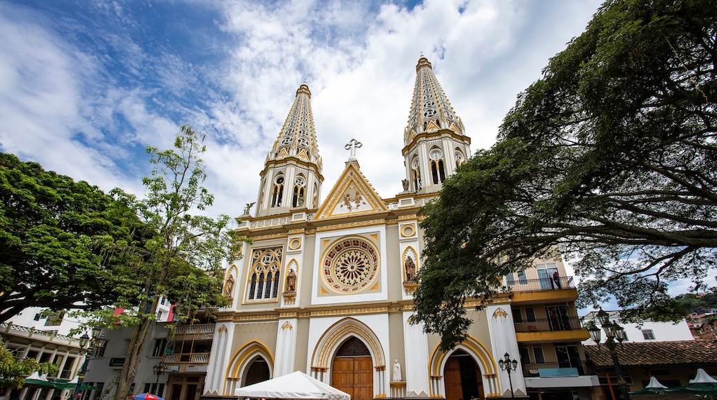 Andes, Antioquia - Colombia - August 09, 2023. Colombian church dedicated to Our Lady of Mercedes located in Simón Bolívar Park