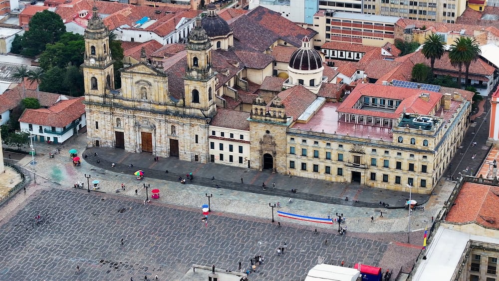 Plaza De Bolivar At Bogota In Cundinamarca Colombia. Downtown Cityscape. Financial District Background. Bogota At Cundinamarca Colombia. High Rise Buildings. Business Traffic.