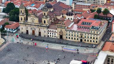 Plaza De Bolivar At Bogota In Cundinamarca Colombia. Downtown Cityscape. Financial District Background. Bogota At Cundinamarca Colombia. High Rise Buildings. Business Traffic.