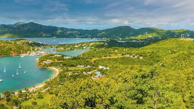 A coastal landscape with clear turquoise waters, a bay with sailboats, and lush green hills.