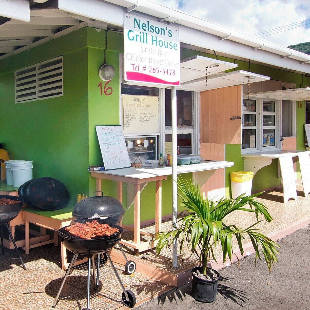 Nelson's Grill House serves up a tasty plate of grilled Caribbean style chicken with your choice of sides.  They do their cooking on site and in full view at The Shacks.  Stop here for lunch or dinner, and grab a fruity shake a few doors down at A&E Fresh Fruit Juices.  Once you have your grub, head over to the covered picnic tables to chow it down.