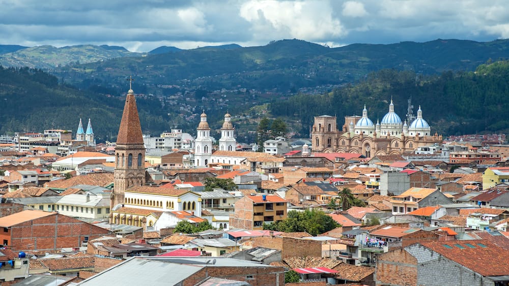 View of the city of Cuenca, Ecuador, with it's many churches, on a cloudy day
