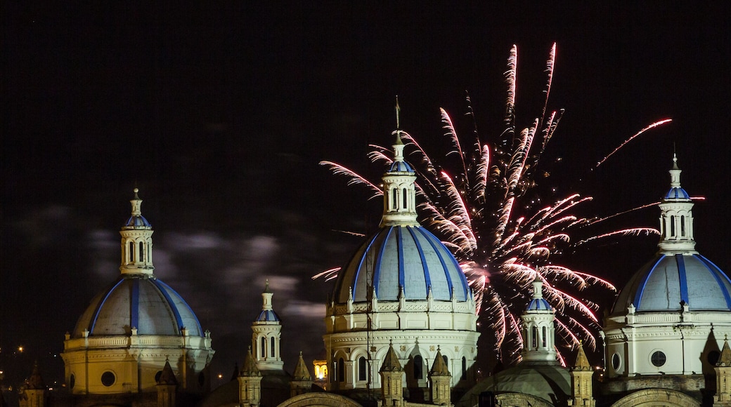 Fireworks over the domes of the New Cathedral in Cuenca, Ecuador.