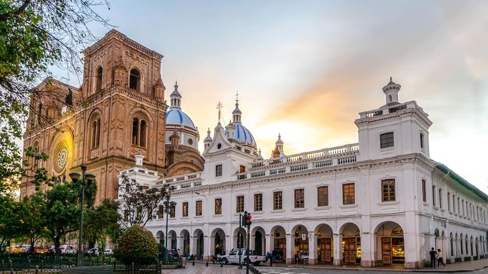 Ecuador in the city of Cuenca. On the Plaza Central, in the background the new Cathedral.
