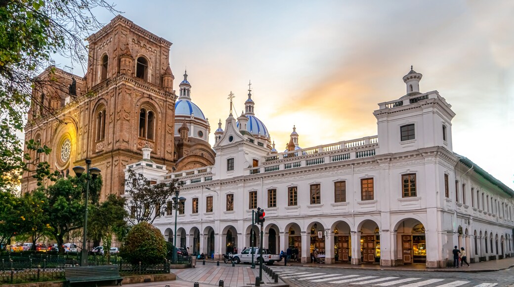 Ecuador in the city of Cuenca. On the Plaza Central, in the background the new Cathedral.