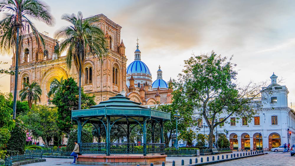 Ecuador in the city of Cuenca. The Plaza Central, in the background the new Cathedral.