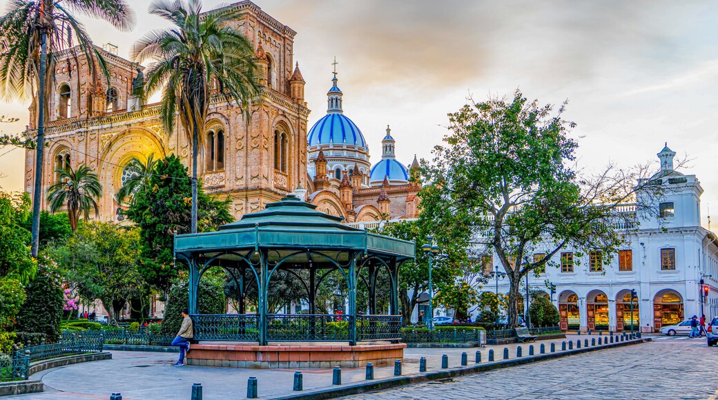 Ecuador in the city of Cuenca. The Plaza Central, in the background the new Cathedral.