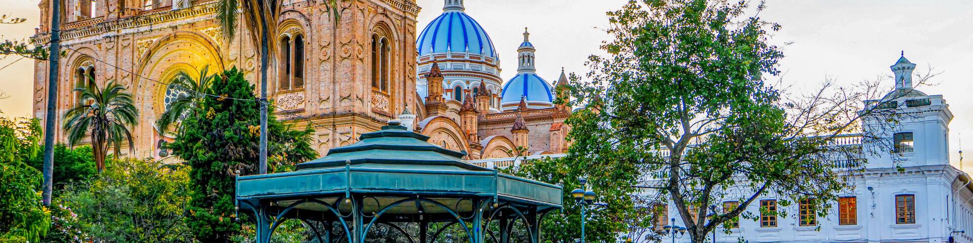 Ecuador in the city of Cuenca. The Plaza Central, in the background the new Cathedral.