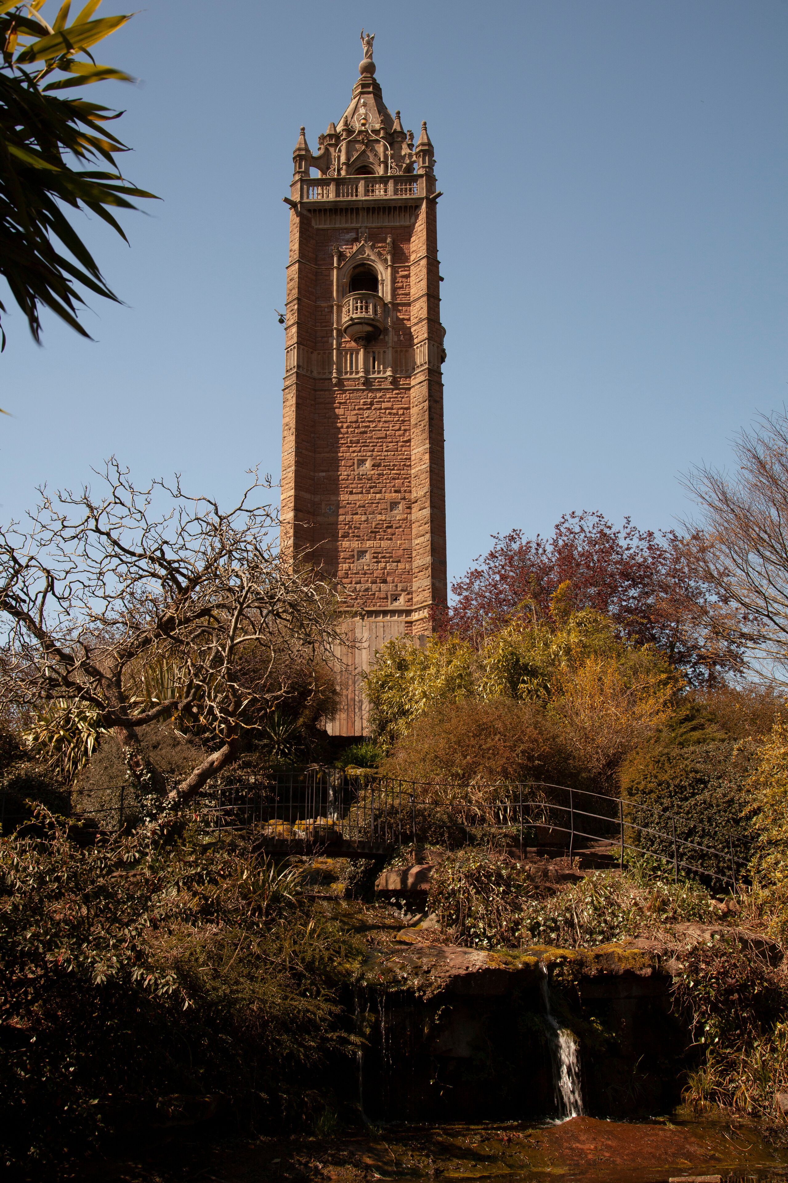 Vista of the picturesque Brandon Hill, a city park with wild flowers, ponds, trees and shrubs located near Bristol city center. At summit there is Cabot tower built to commemorate John Cabot's voyage.