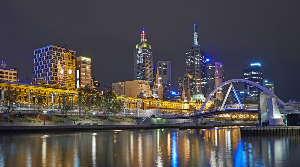 Southgate Footbridge spanning the River Yarra in Melbourne illuminated at night with financial district