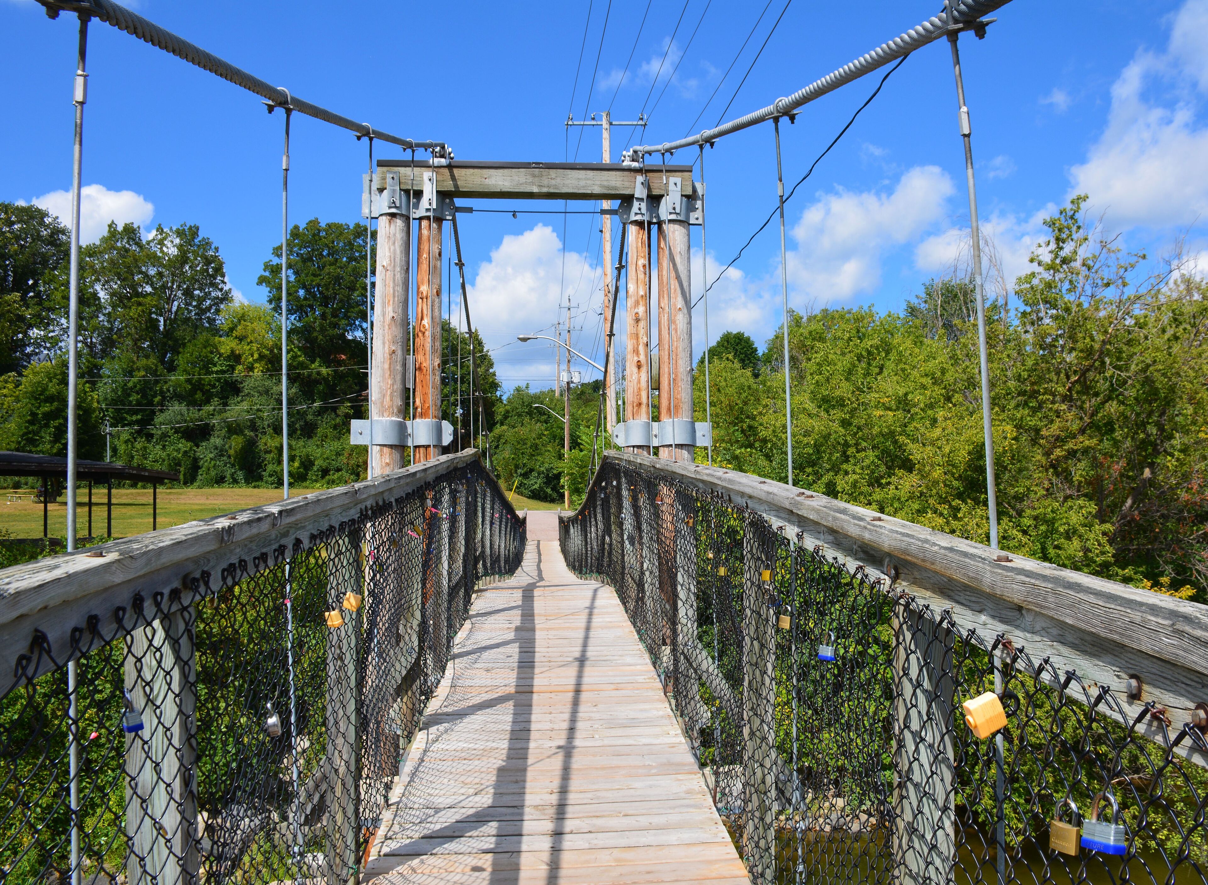 The historic swinging bridge spans the Madawaska River in Renfrew, Ontario