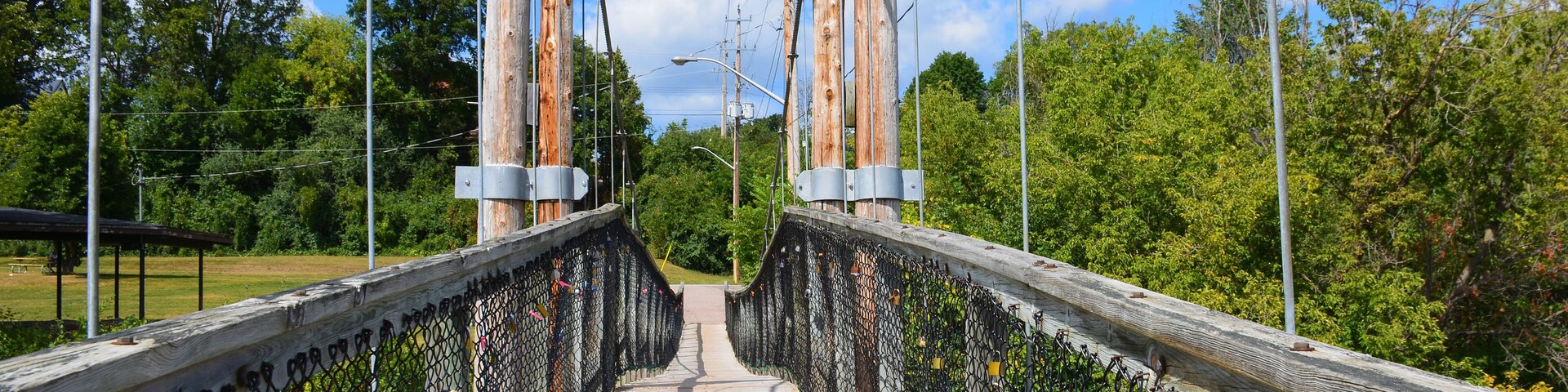 The historic swinging bridge spans the Madawaska River in Renfrew, Ontario