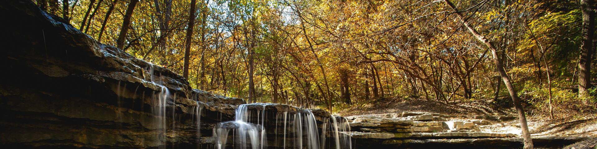 Una cascada en un bosque con hojas otoñales.