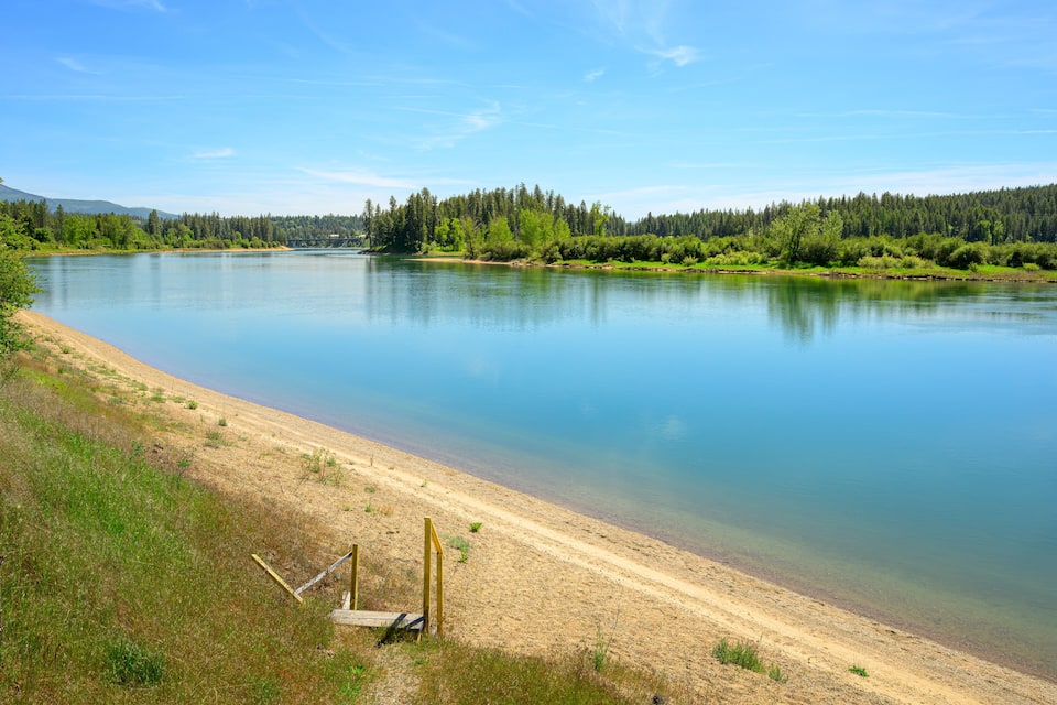 A calm lake with a sandy beach, surrounded by dense forest and a clear sky.