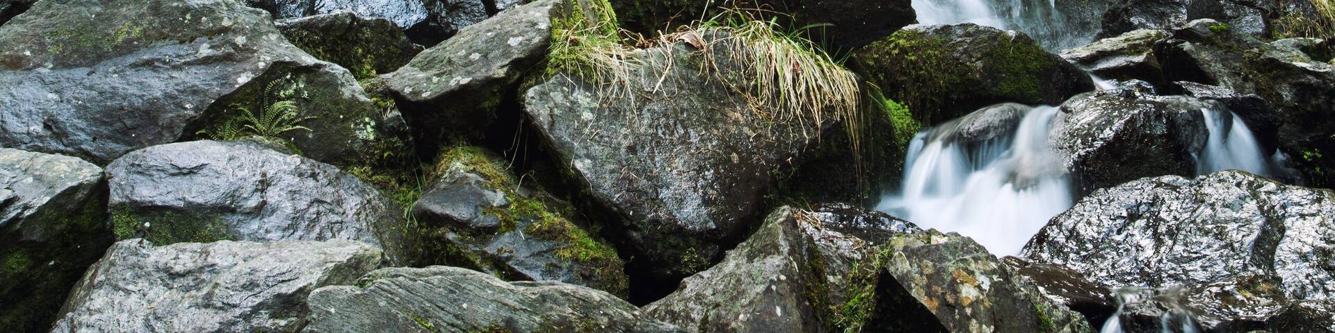 A waterfall cascading over rocks in a forested area.
