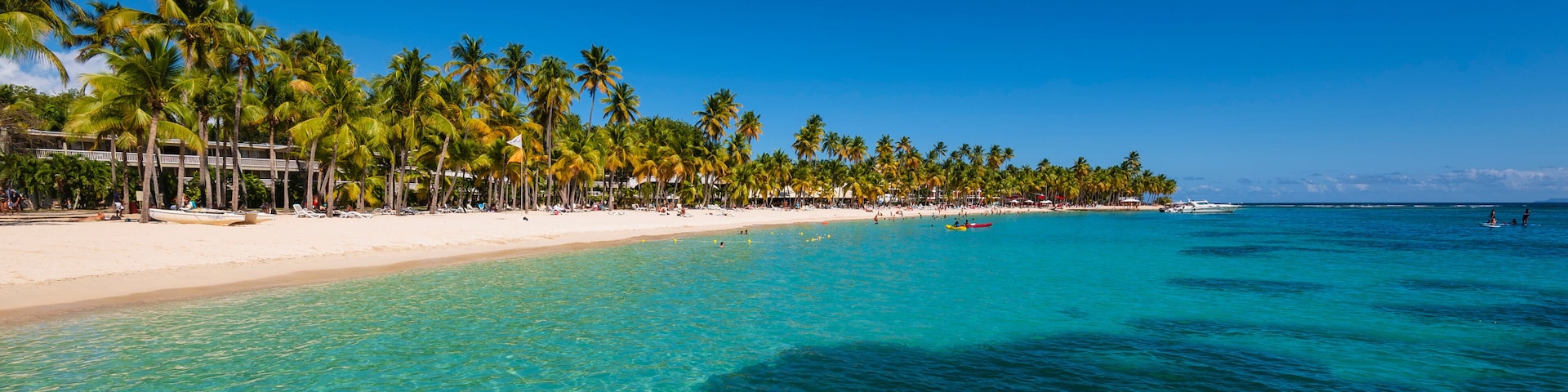 A beach with clear turquoise water, palm trees, and a white sandy shore.