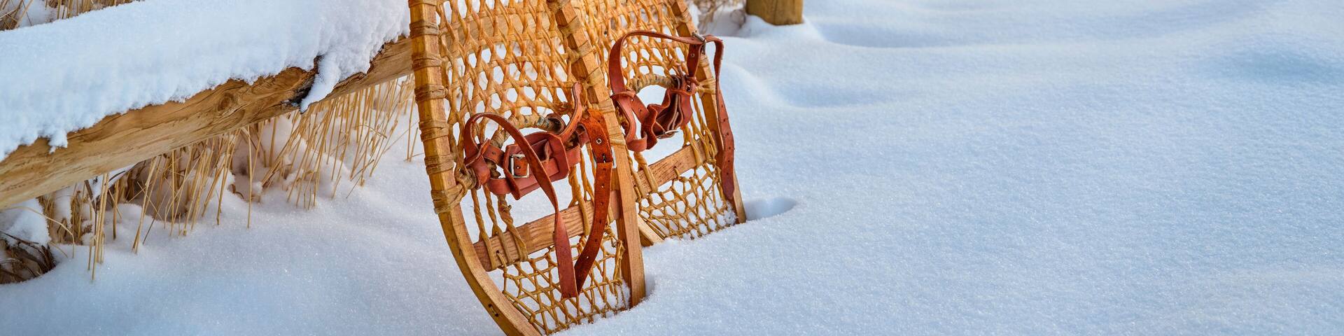 classic wooden Huron snowshoes in winter scenery at foothills of Rocky Mountains in northern Colorado - Lory State Park