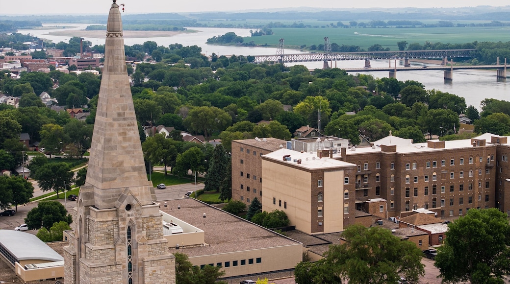 Aerial view of a cathedral near the Missouri river in Yankton, South Dakota
