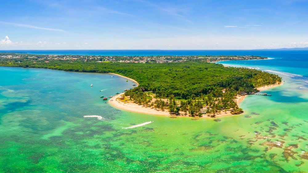 Pigeon Point, Tobago, Trinidad and Tobago, Caribbean, West Indies, small beach in Trinidad and Tobago with an amazing lagoon, aerial panorama view.
