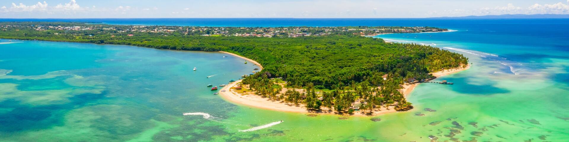 Pigeon Point, Tobago, Trinidad and Tobago, Caribbean, West Indies, small beach in Trinidad and Tobago with an amazing lagoon, aerial panorama view.