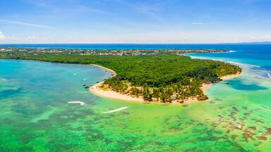 Pigeon Point, Tobago, Trinidad and Tobago, Caribbean, West Indies, small beach in Trinidad and Tobago with an amazing lagoon, aerial panorama view.