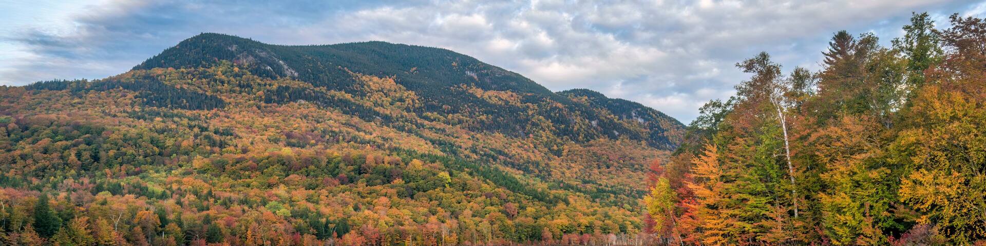 Un lac paisible où se reflètent les couleurs automnales des arbres, entouré de collines et d’une forêt dense.