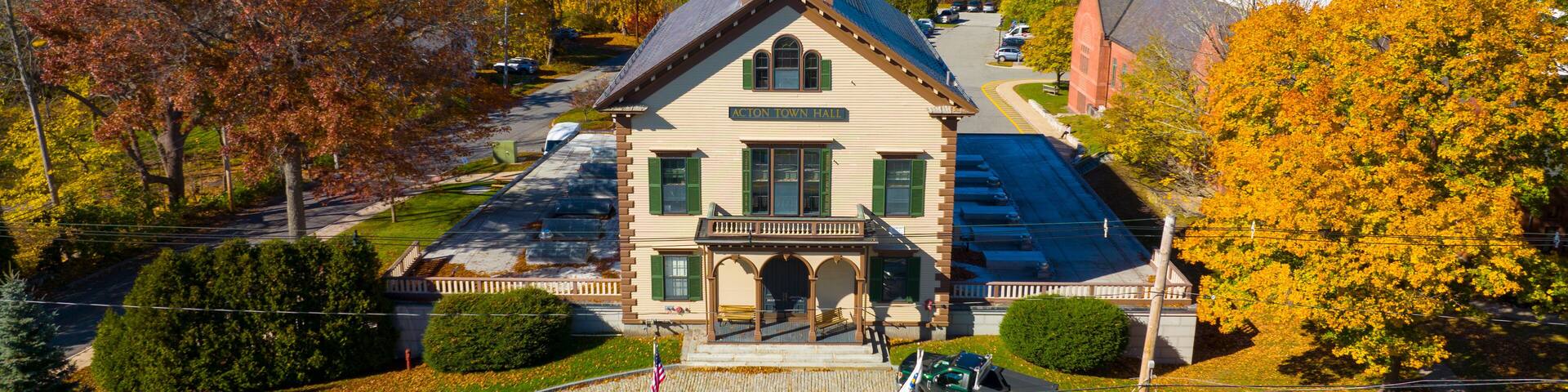 Acton Town Hall aerial view in 472 Main Street in historic town center of Acton, Massachusetts MA, USA.