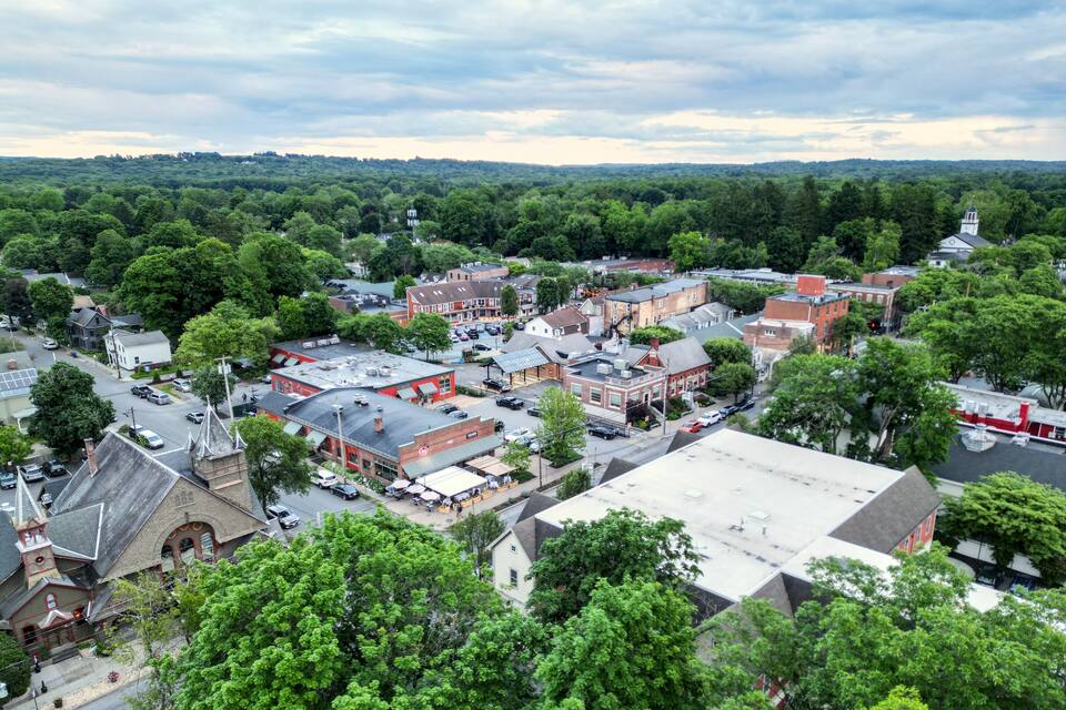 A town with historic buildings, a church, and a dense forest in the background.