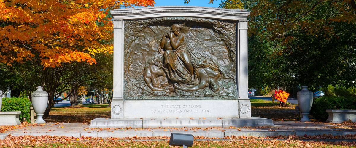 Memorial of the soldiers and sailors of the state of Maine in John Paul Jones Memorial Park in town of Kittery, Maine ME, USA.