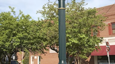 Un reloj sobre un poste verde con la inscripción