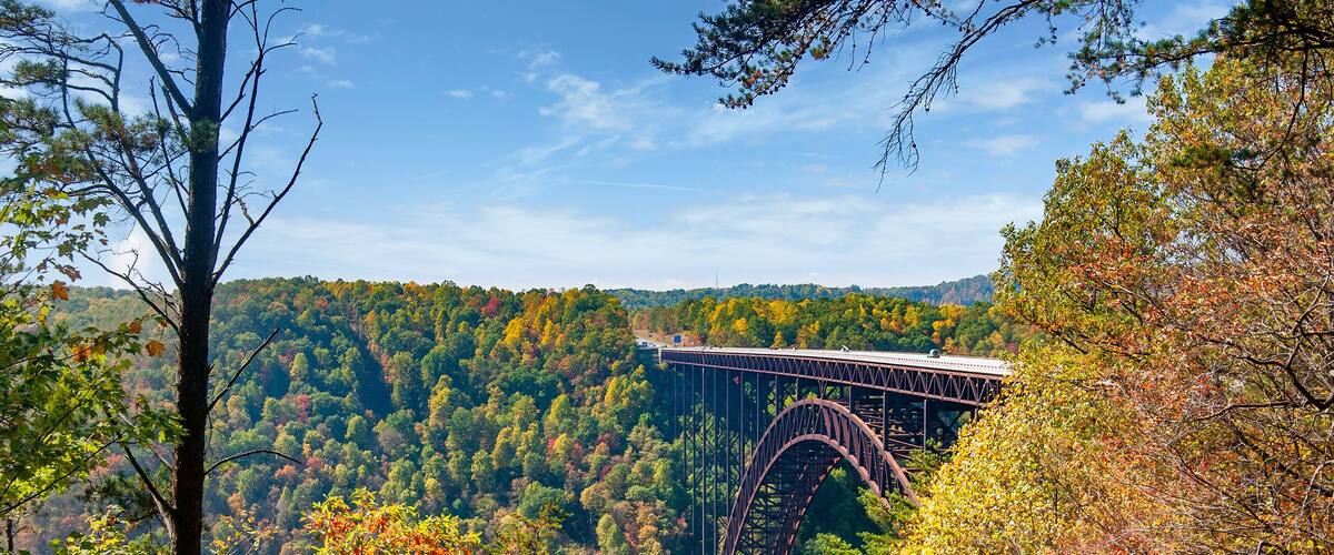 A colorful fall landscape of the New River Gorge Bridge in West Virginia. Taken in October when the autumn foliage was at its peak.