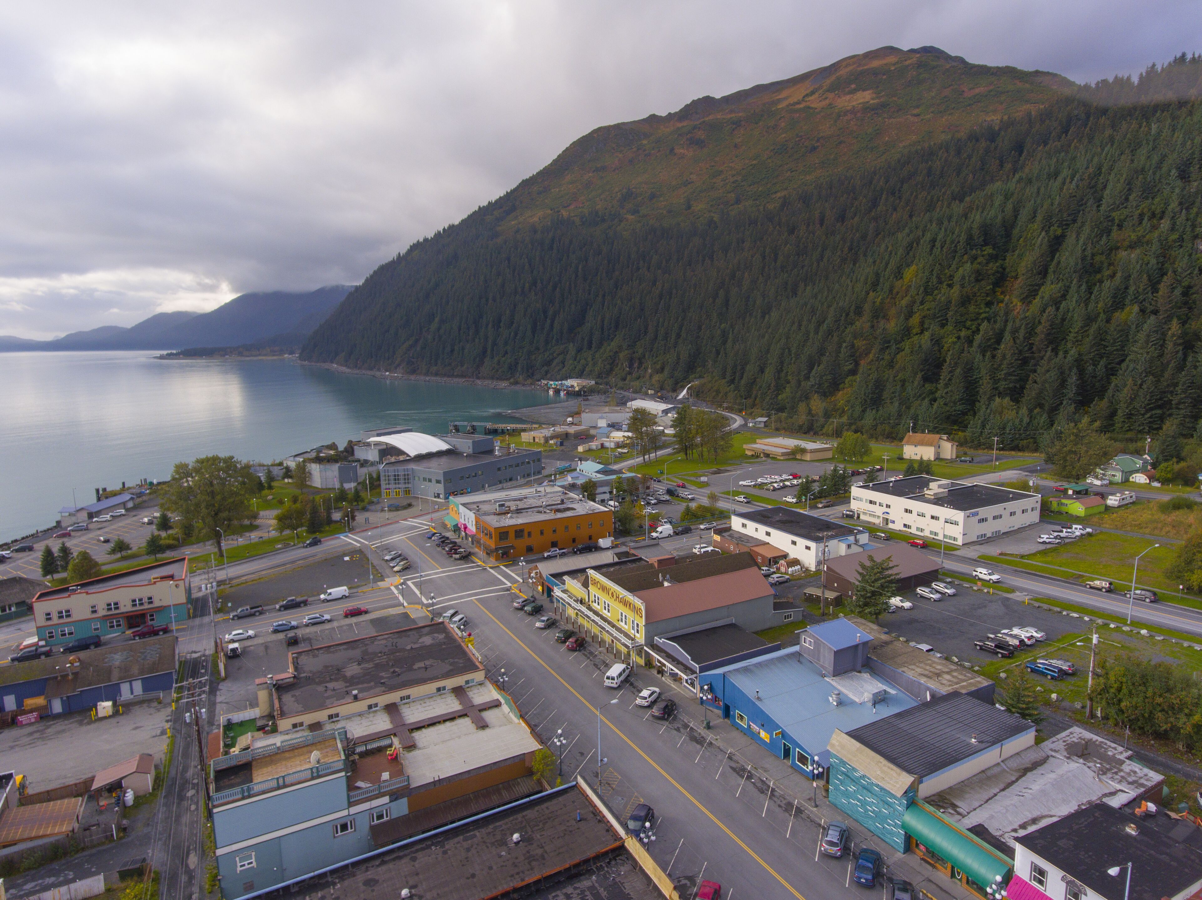 Aerial view of Seward city center and waterfront in fall, Seward, Kenai Peninsula, Alaska, USA. Seward is a city located on fjord Resurrection Bay at Gulf of Alaska on the Kenai Peninsula, near Kenai