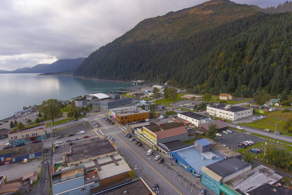 A coastal town with a marina, buildings, and a forested mountain in the background.