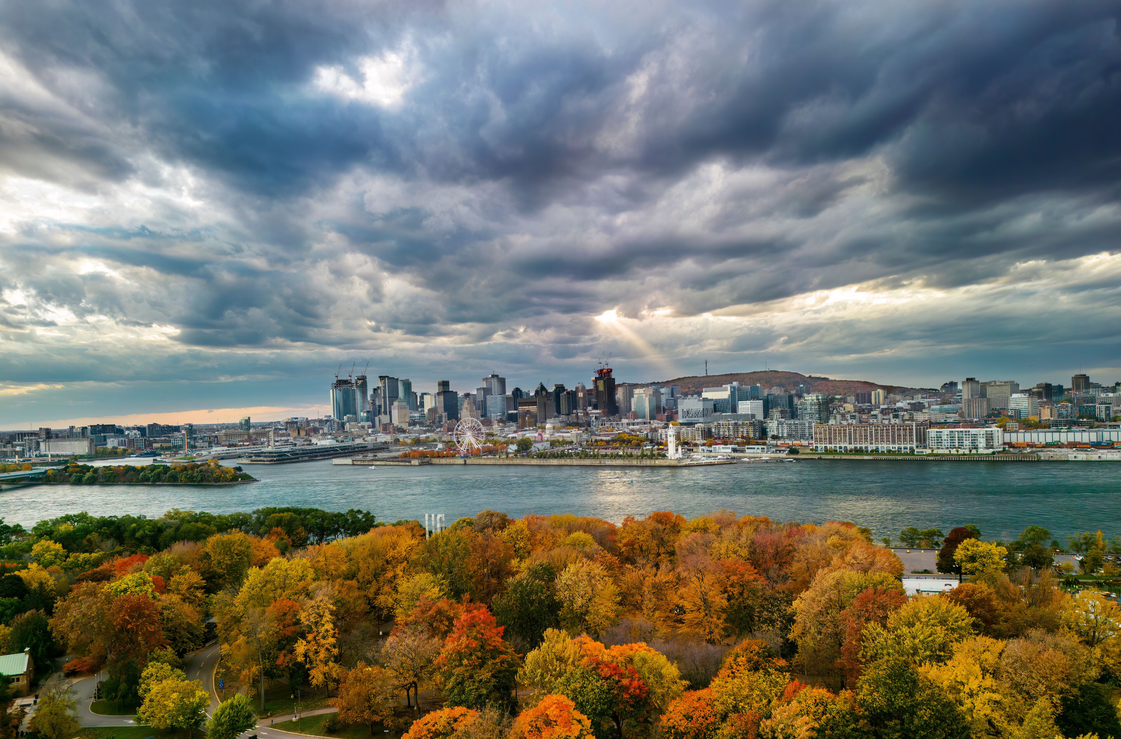 A city skyline with a river, autumn foliage, and a cloudy sky.